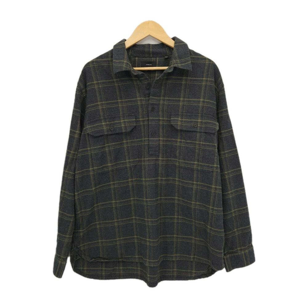 Vince Mens 1/4 Button Front Flannel Shirt Long Sleeves Gray Green Plaid Size XXL
